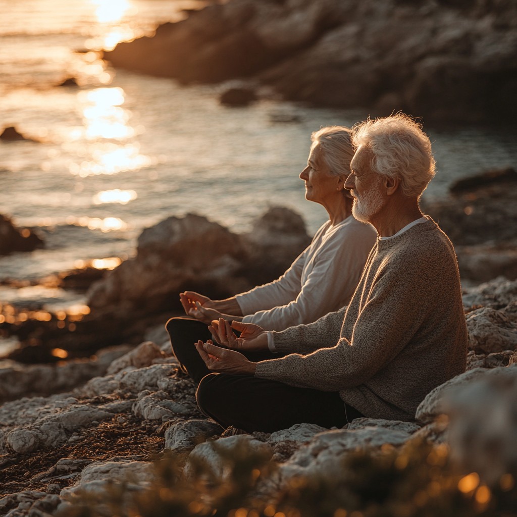 meditation, a man and woman sitting on rocks by water